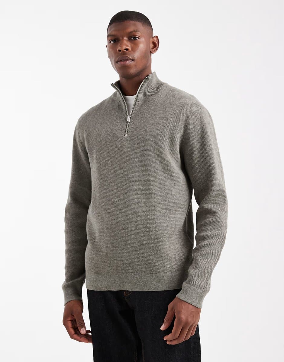 ASOS ONLY & SONS half zip knitted jumper in sage grey