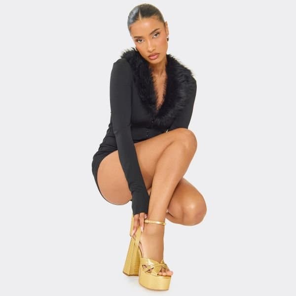 EGO EGO Gold Faux Leather Ankle Cross Strap Platform Heels