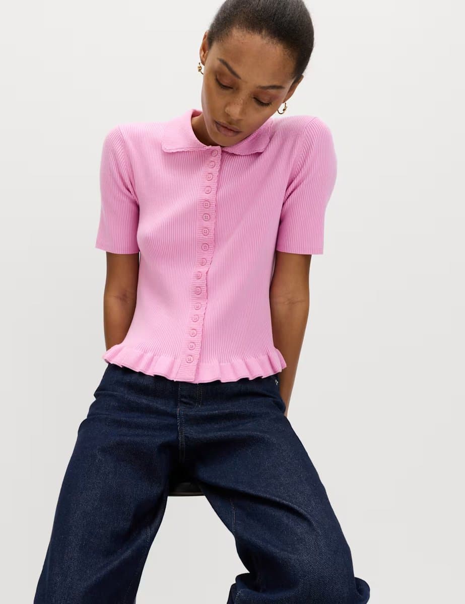 Marks & Spencer M&S Ribbed Frill Detail Collared Cardigan Sugar Pink