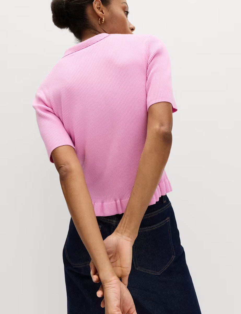 Marks & Spencer M&S Ribbed Frill Detail Collared Cardigan Sugar Pink - 2