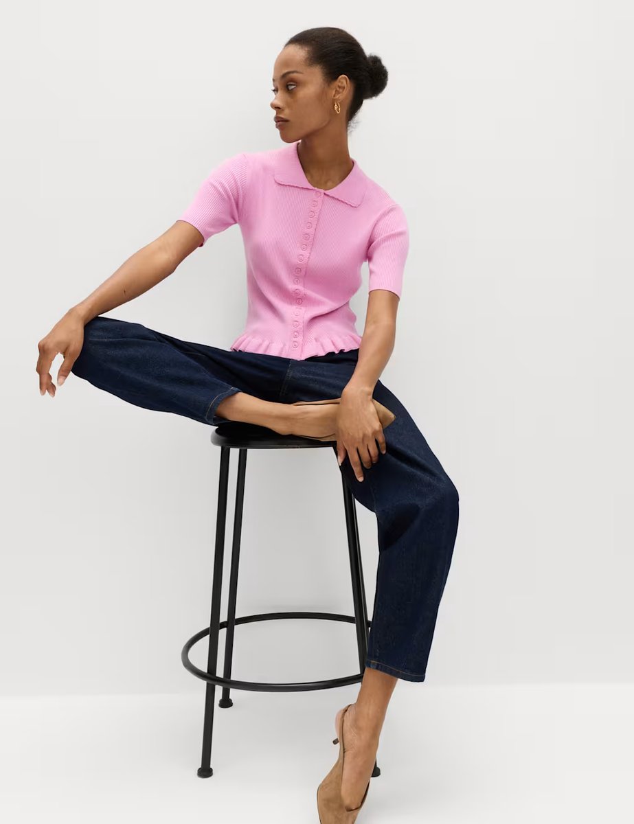 Marks & Spencer M&S Ribbed Frill Detail Collared Cardigan Sugar Pink - 3