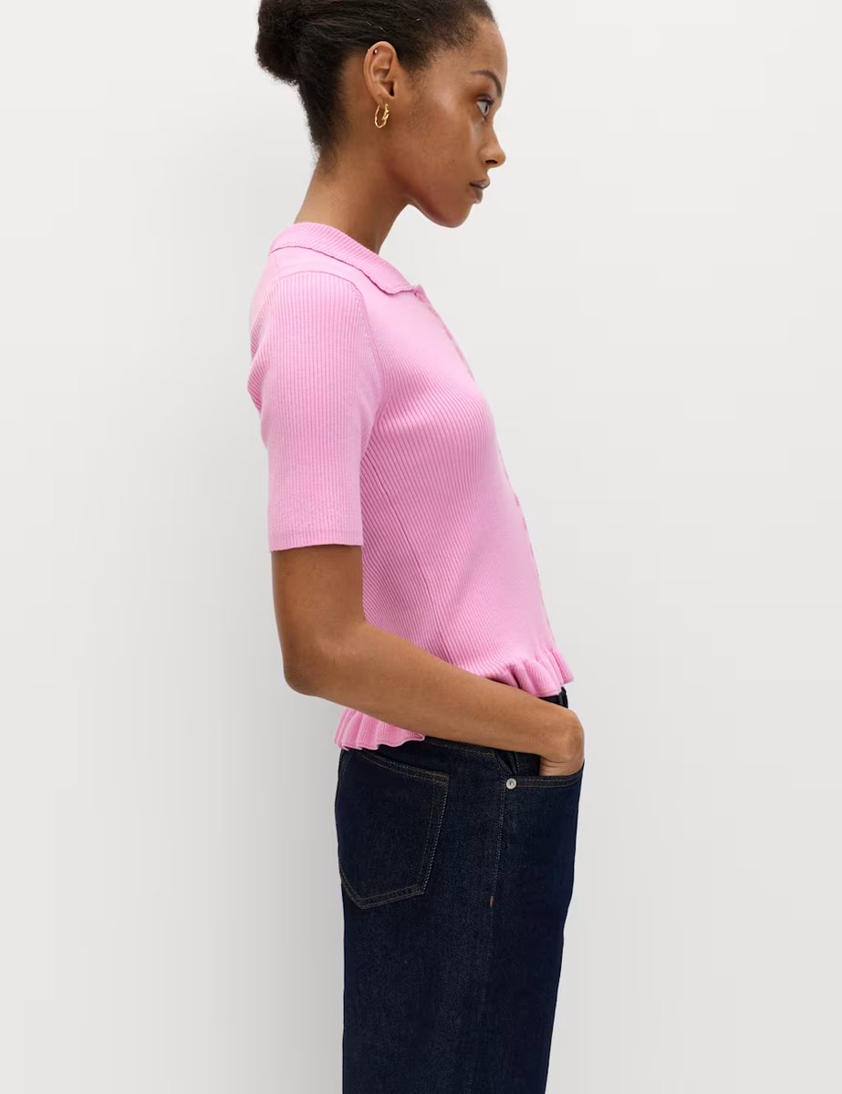 Marks & Spencer M&S Ribbed Frill Detail Collared Cardigan Sugar Pink - 4