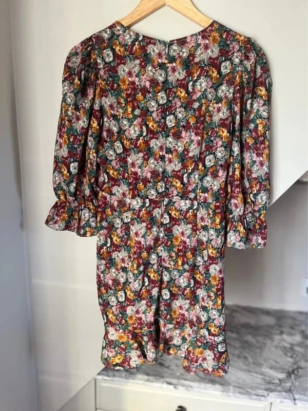 Boohoo Boohoo Green Orange Floral 3/4 Sleeve Ruched Detail Wrap Tie Summer Dress Size 8