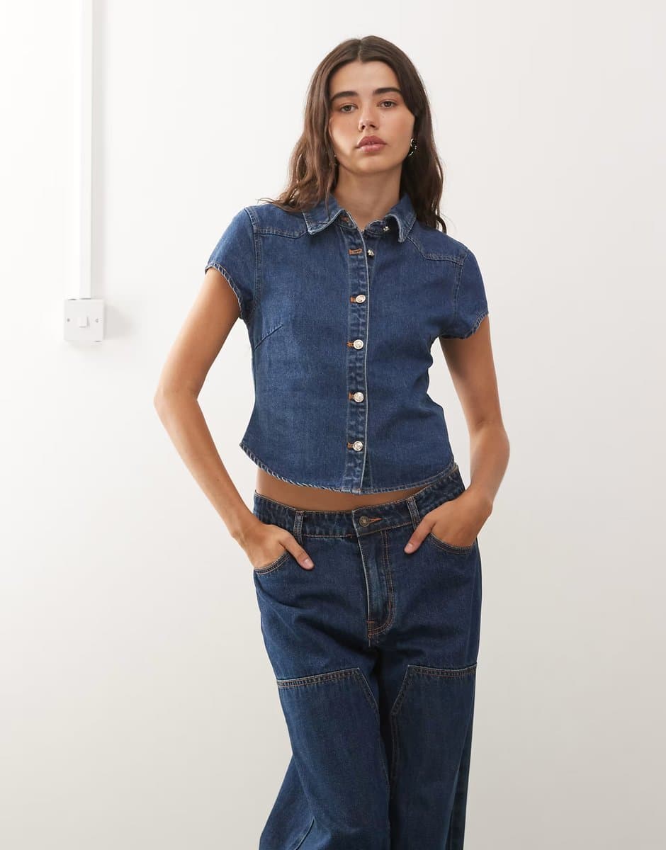 ASOS Lioness Varsity Blues collar detail short sleeve contrast stitch denim shirt co-ord in mid blue