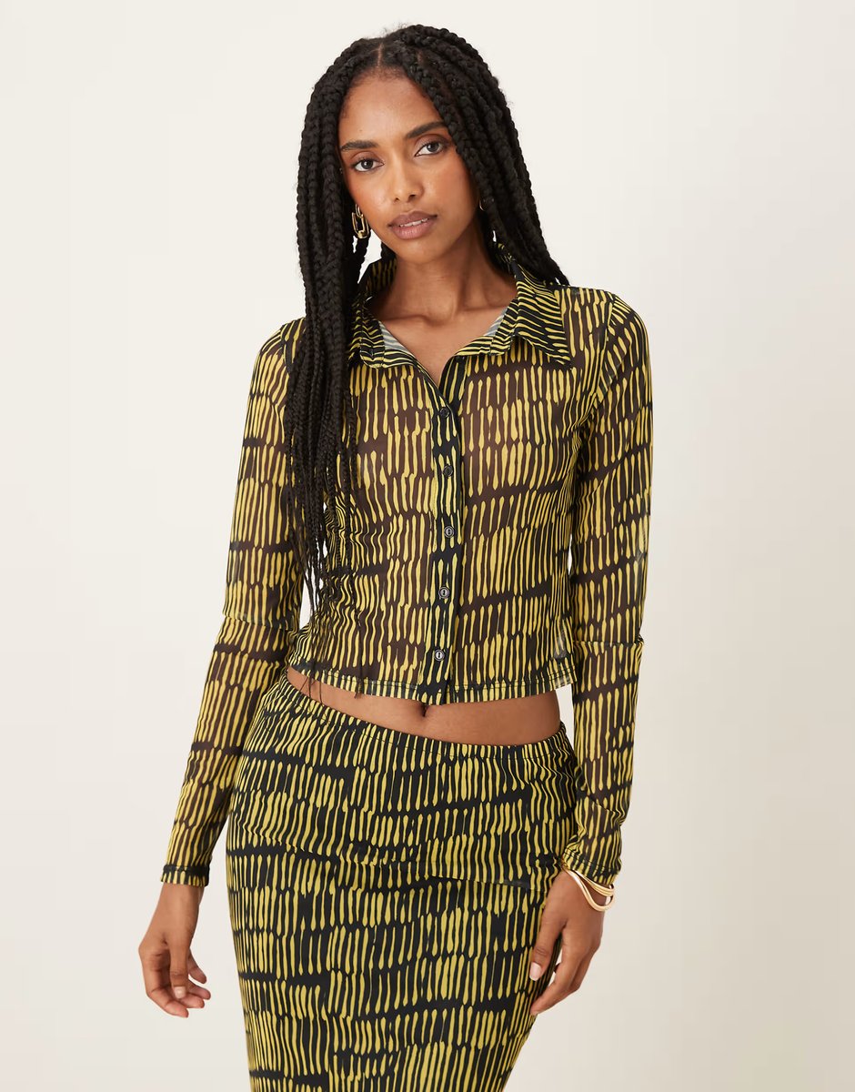ASOS Collective The Label Button front top in yellow sketch stripe mesh - 1