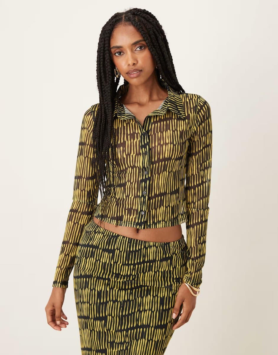 ASOS Collective The Label Button front top in yellow sketch stripe mesh