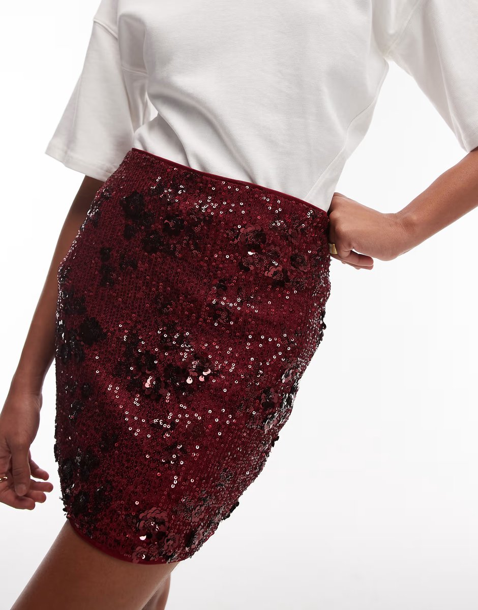 ASOS ASOS DESIGN floral allover sequin mini skirt in burgundy - 3