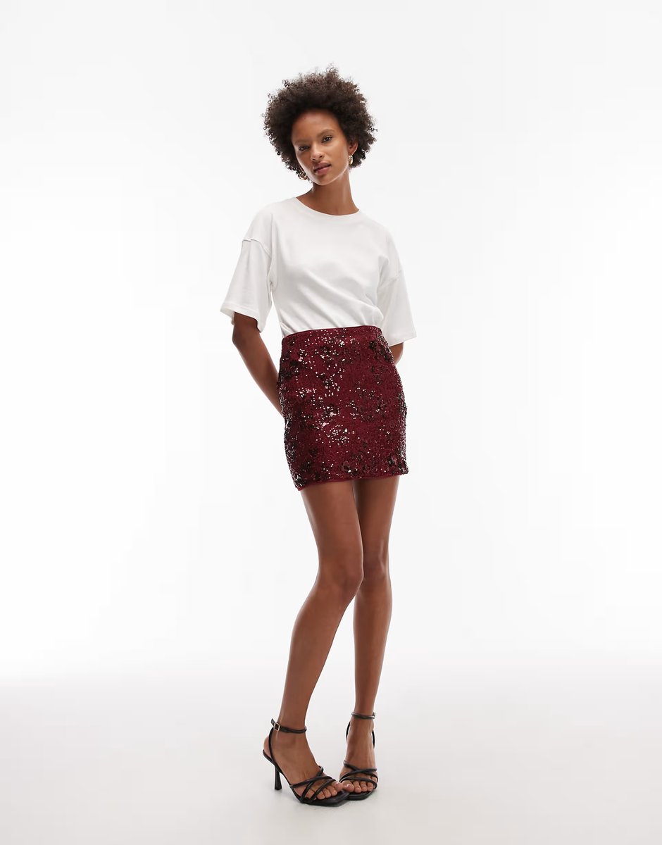 ASOS ASOS DESIGN floral allover sequin mini skirt in burgundy - 4