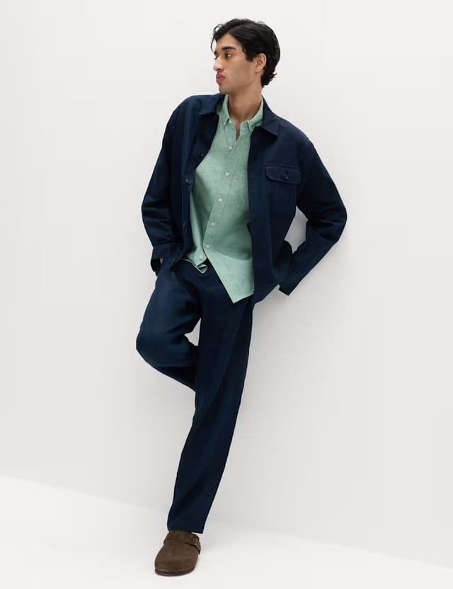 Marks & Spencer M&S Regular Fit Linen Rich Short Sleeve Shirt Green - 3