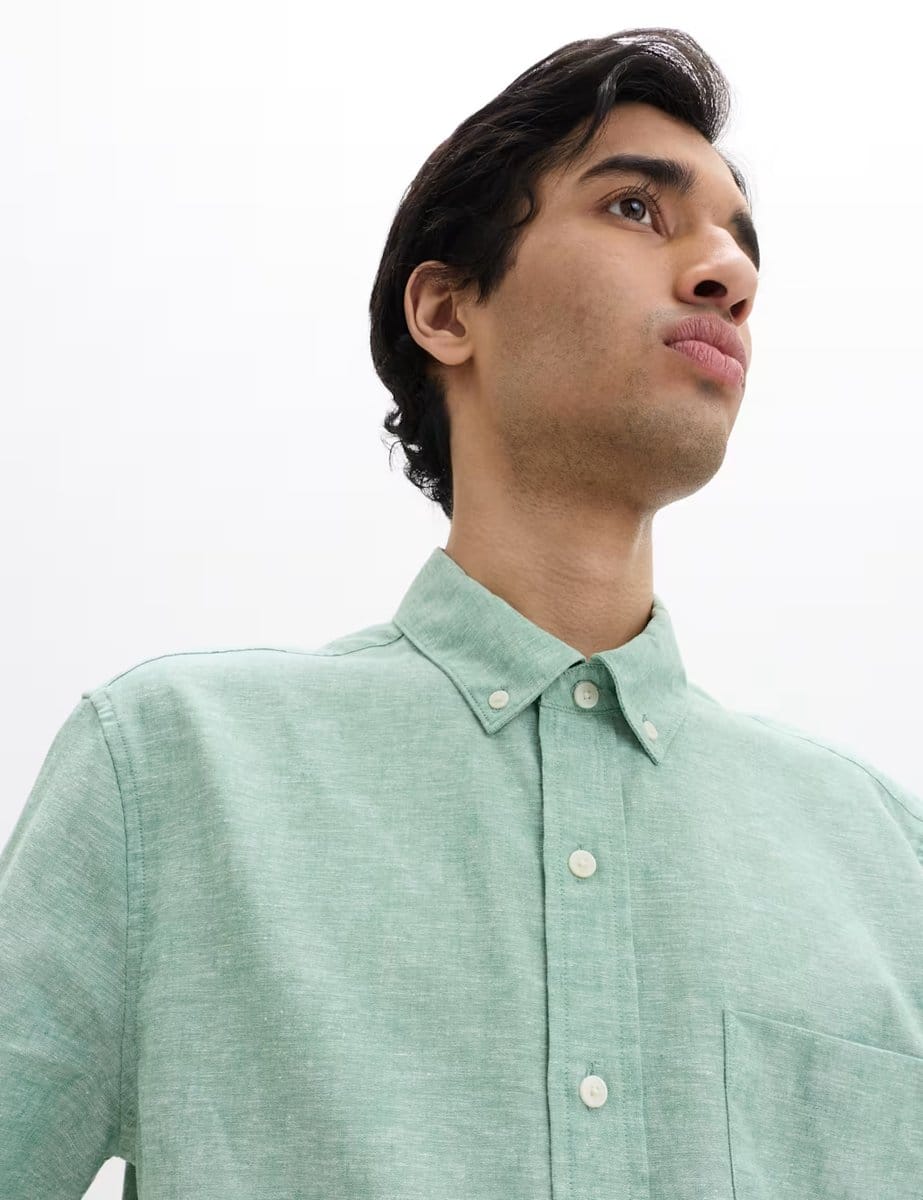 Marks & Spencer M&S Regular Fit Linen Rich Short Sleeve Shirt Green - 4