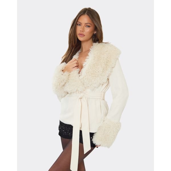 EGO Long Sleeve Faux Fur Corral Tie Waist Jacket In Cream, Women's Size UK 8 - 2