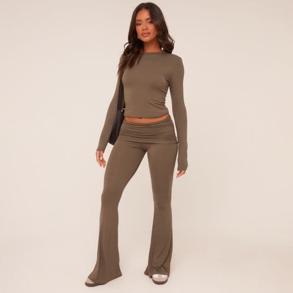 EGO EGO Fold Over Waistband Flared Trousers in Khaki Green