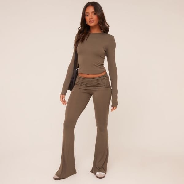 EGO Fold Over Waistband Detail Flared Trousers In Khaki Green, Women's Size UK 4 - 1