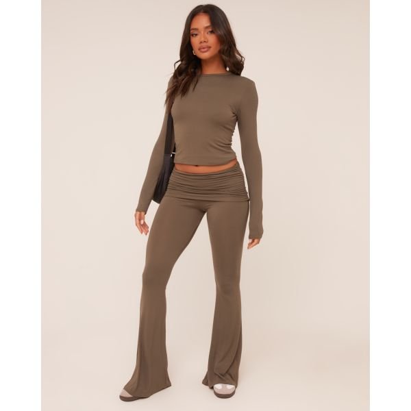 EGO Fold Over Waistband Detail Flared Trousers In Khaki Green, Women's Size UK 4 - 2