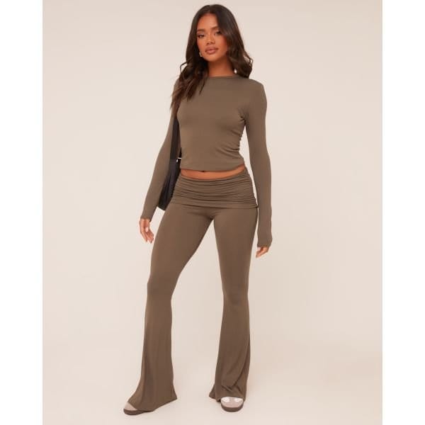 EGO Fold Over Waistband Detail Flared Trousers In Khaki Green, Women's Size UK 4 - 2