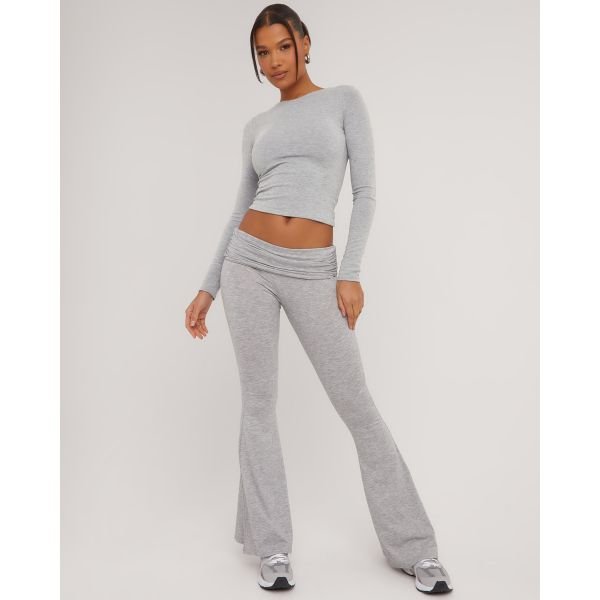 EGO Fold Over Waistband Detail Flared Trousers In Grey, Women's Size UK 4 - 2