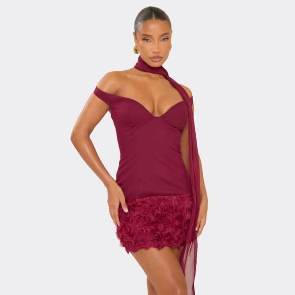 EGO Scarf Detail Floral Applique Panel Mini Dress In Plum, Women's Size UK 6