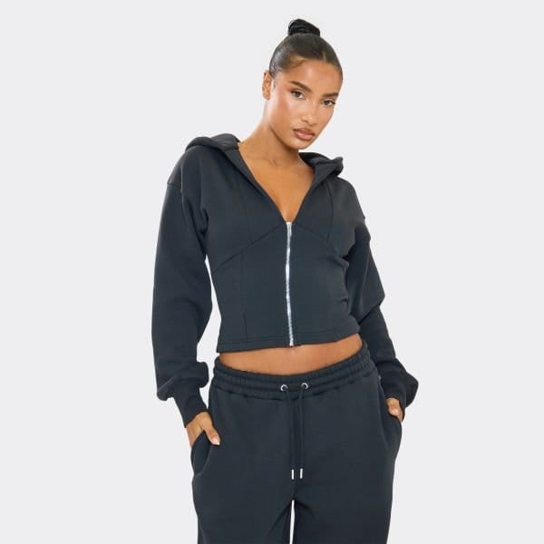 EGO Long Sleeve Cinched Waist Zip Up Hoodie In Dark Navy, Women's Size UK 6 - 1