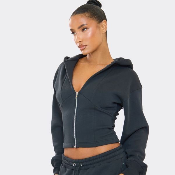 EGO Long Sleeve Cinched Waist Zip Up Hoodie In Dark Navy, Women's Size UK 6 - 2