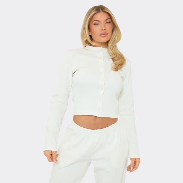 EGO EGO Cream Ribbed Fitted Top With Shoulder Pads