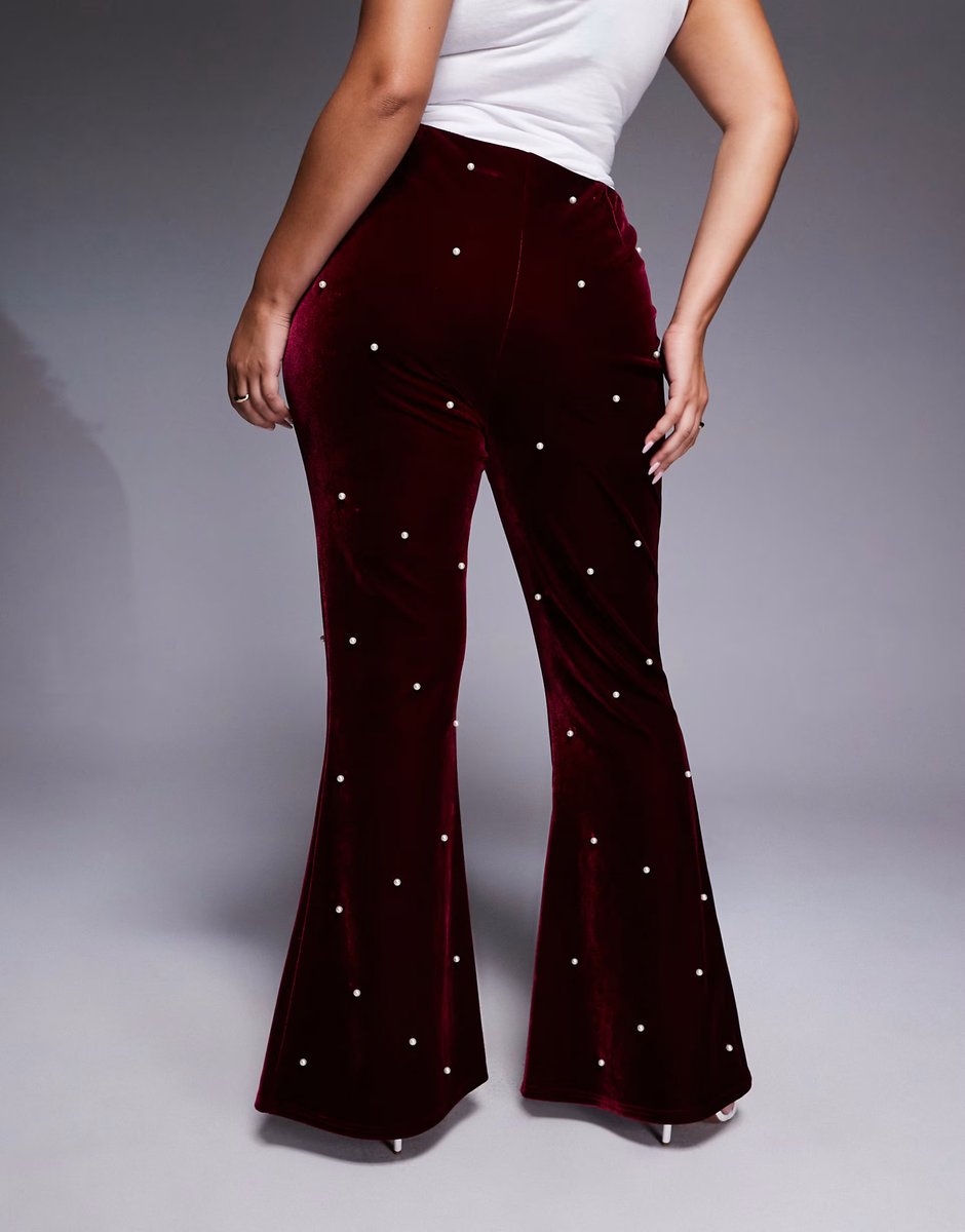 ASOS ASOS LUXE Curve co-ord tailored trousers with pearl embellishment in burgundy - 3