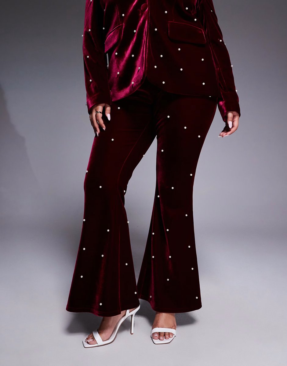 ASOS ASOS LUXE Curve co-ord tailored trousers with pearl embellishment in burgundy - 4