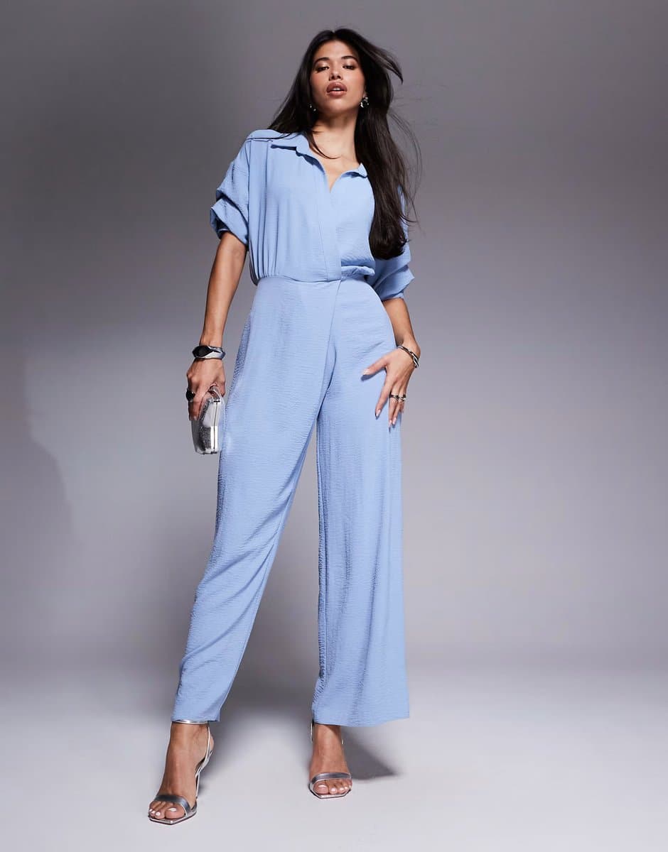 ASOS ASOS DESIGN draped collared wide leg jumpsuit in blue