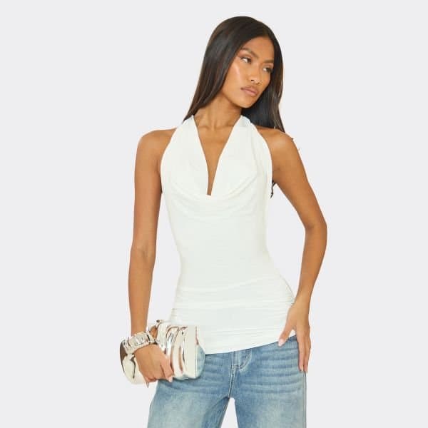 EGO Cowl Neck Tie Back Detail Top In White Slinky, Women's Size UK 6