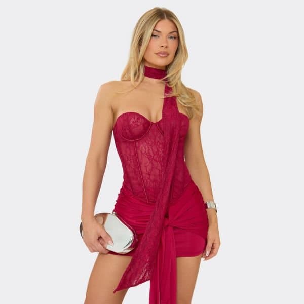 EGO Scarf Detail Bandeau Corset Top In Burgundy Lace, Women's Size UK 6