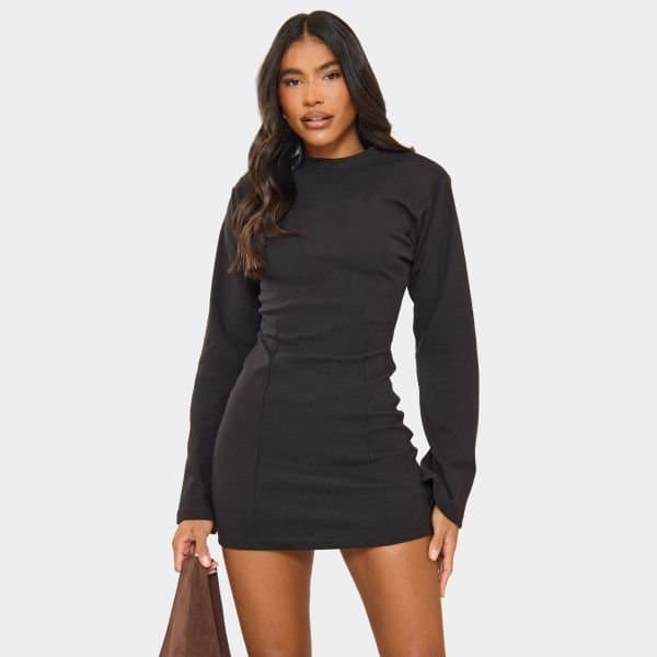 EGO Long Sleeve Shoulder Pad Cinched Waist Detail Mini Dress In Black, Women's Size UK 4