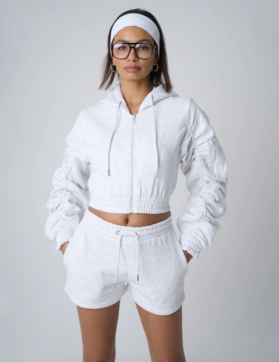 Public Desire Ruched Sleeve Zip Up Cropped Hoodie Grey Marl - 1