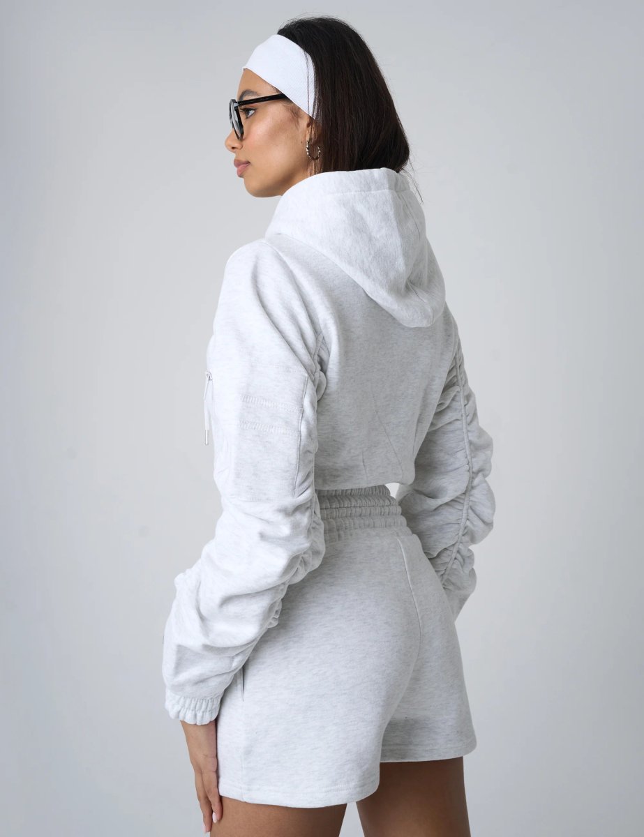 Public Desire Ruched Sleeve Zip Up Cropped Hoodie Grey Marl - 2