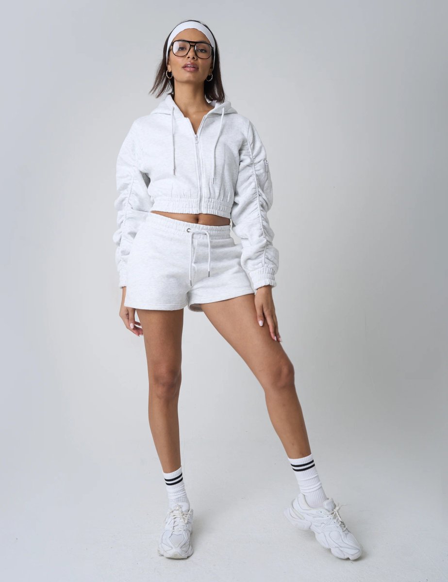 Public Desire Ruched Sleeve Zip Up Cropped Hoodie Grey Marl - 3