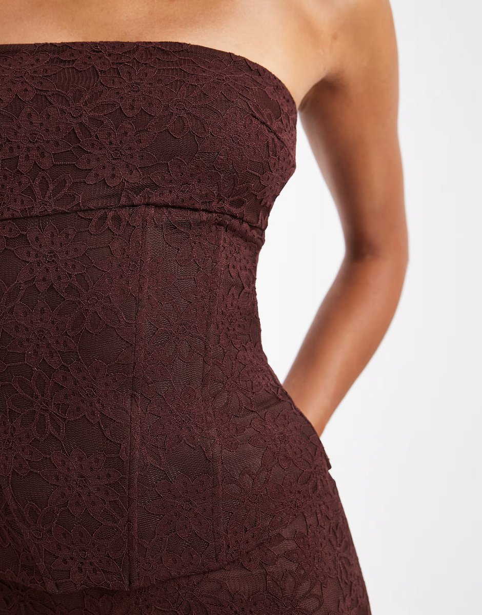 ASOS Wanderdoll Lacie lace bandeau curved hem corset top co-ord in espresso - 4