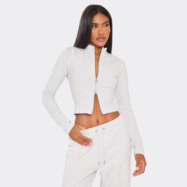 EGO Long Sleeve Double Zip Fitted Top In Light Grey Marl, Women's Size UK 4 - 1