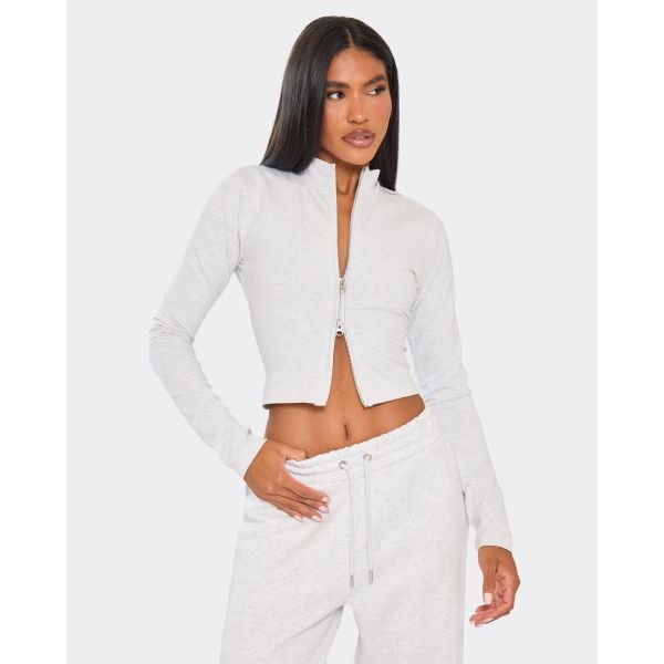 EGO Long Sleeve Double Zip Fitted Top In Light Grey Marl, Women's Size UK 4 - 2
