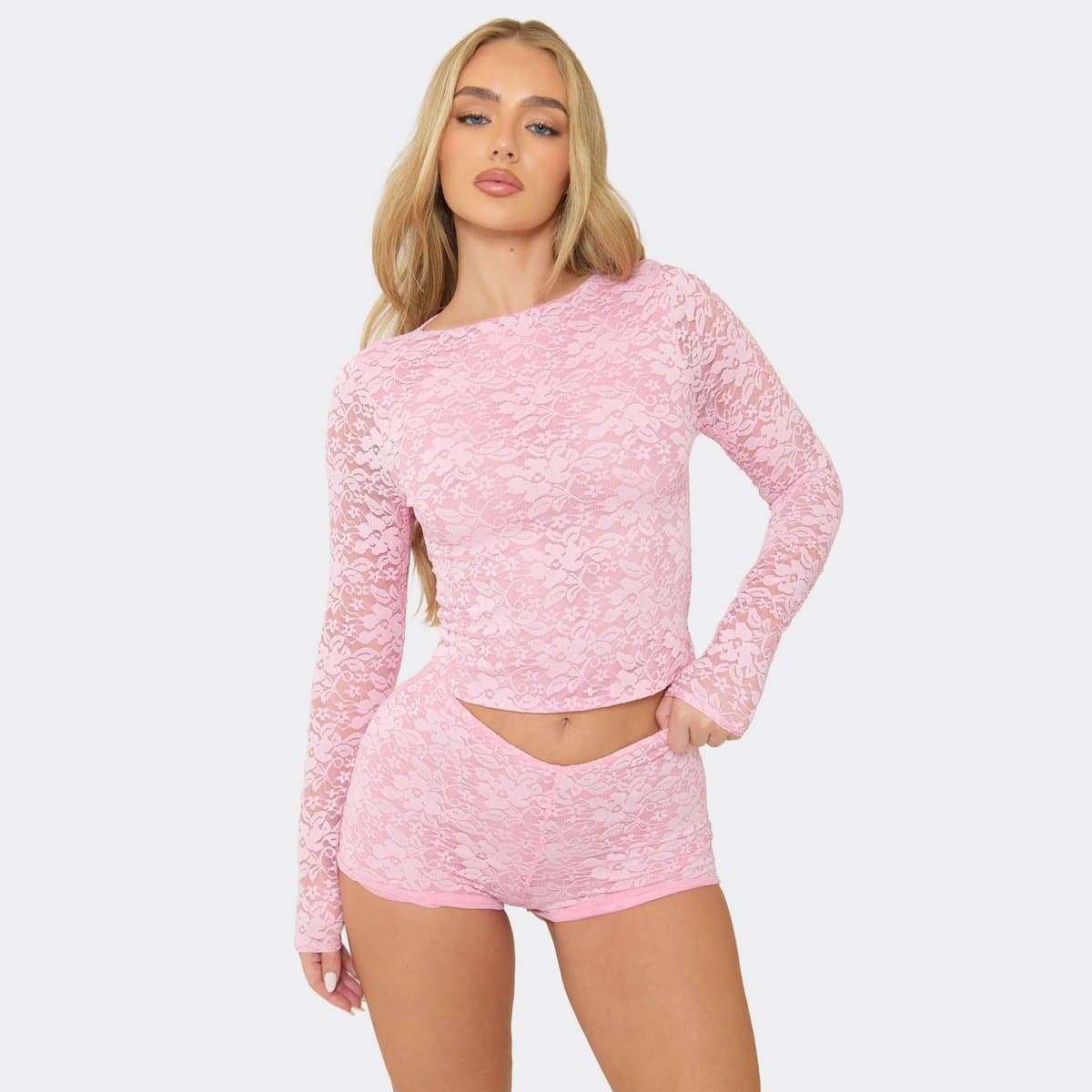 EGO Long Sleeve Top In Pink Lace, Women's Size UK 6