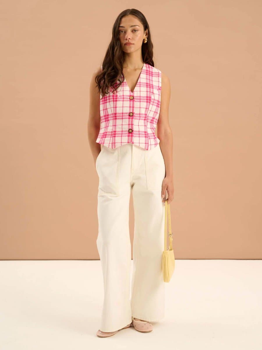 OMNES Cindy V Neck Check Print Waistcoat in Pink