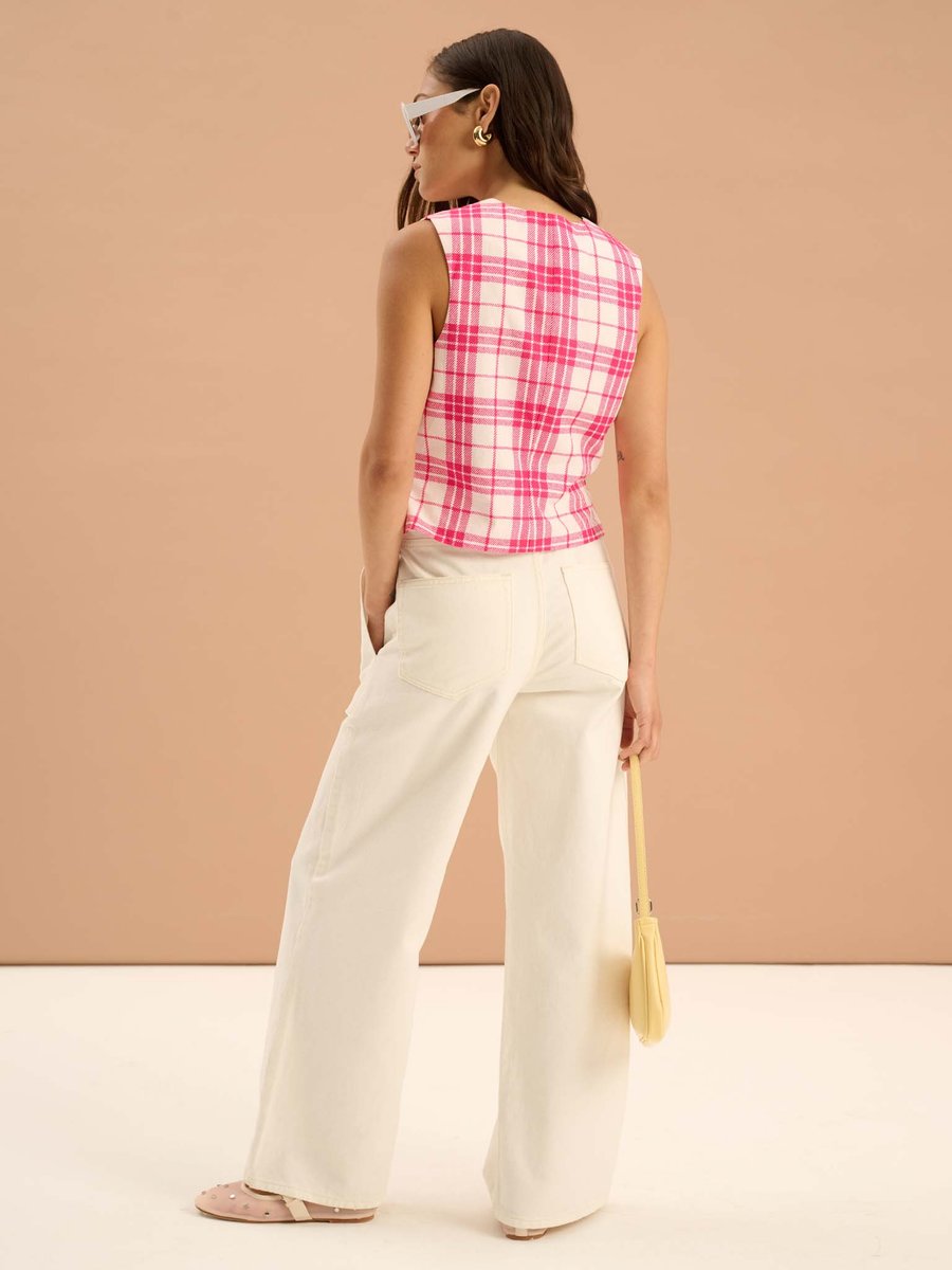 OMNES Cindy V Neck Check Print Waistcoat in Pink - 2