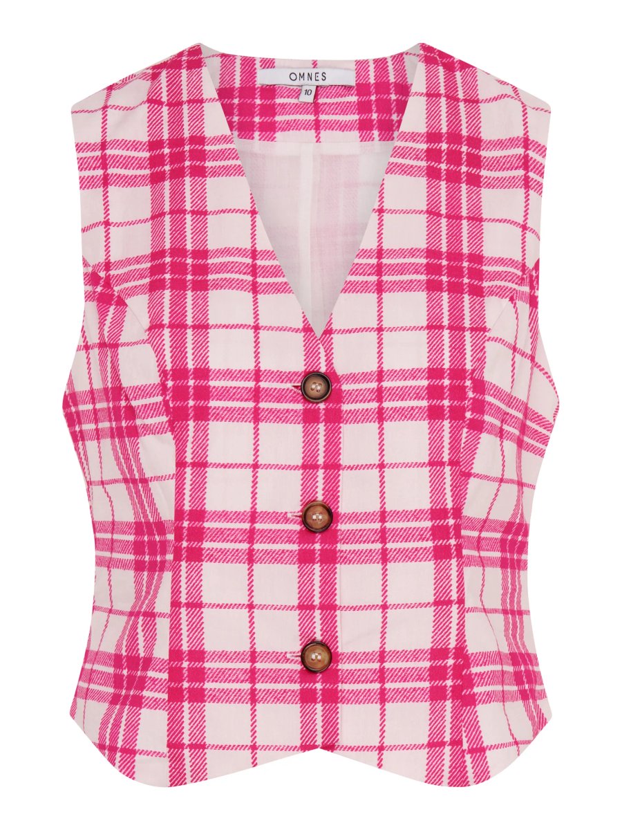 OMNES Cindy V Neck Check Print Waistcoat in Pink - 4