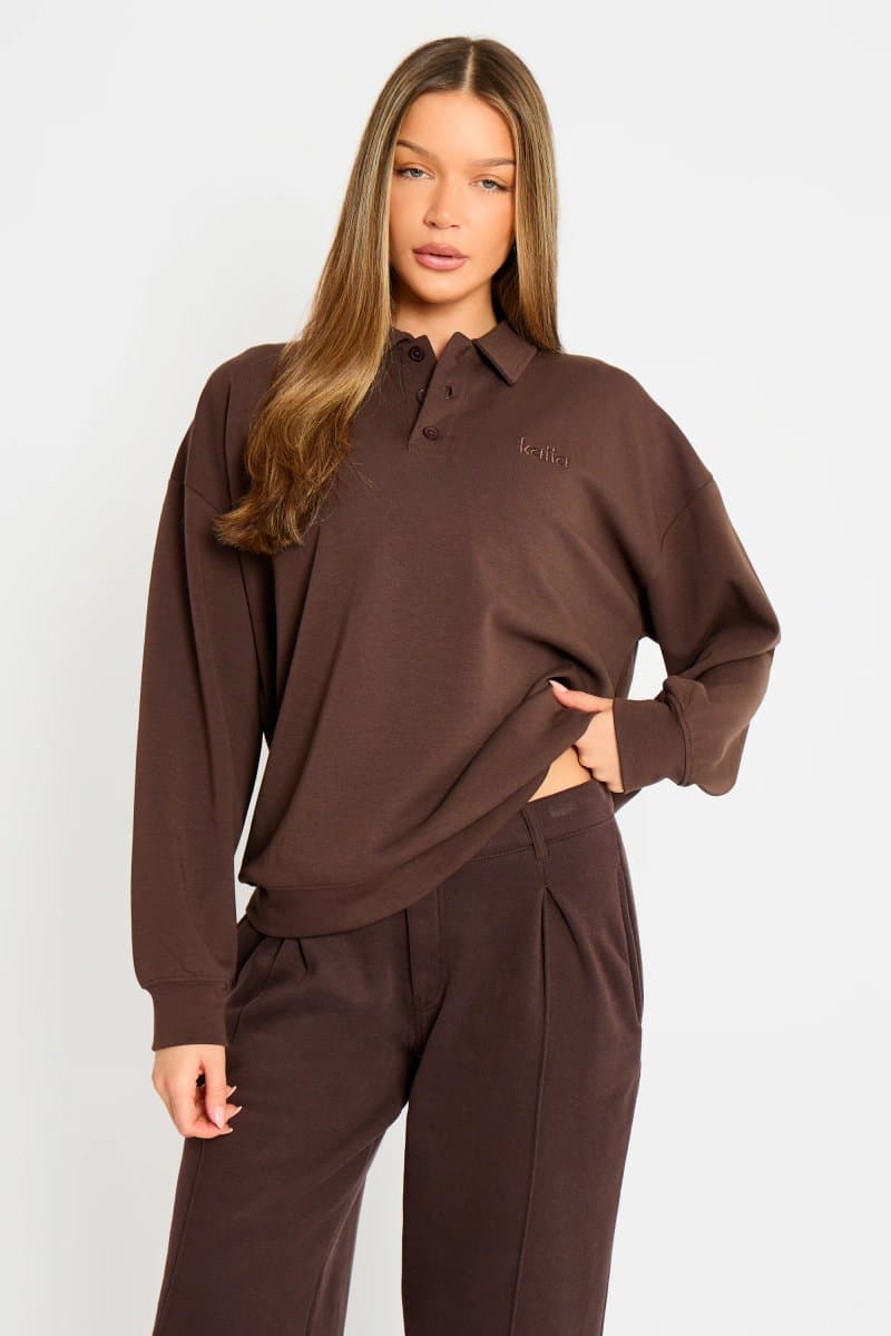 Kaiia Kaiia Interlock Oversized Polo Style Button Sweatshirt Bitter Chocolate