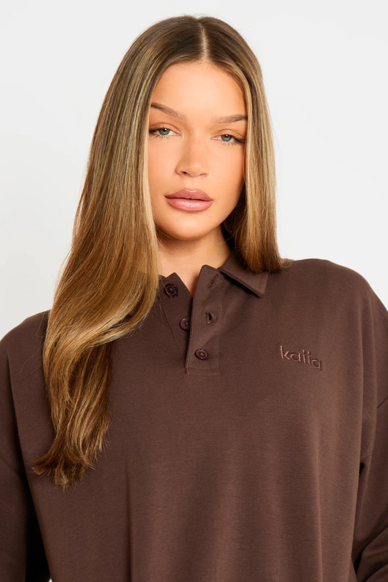 Kaiia Kaiia Interlock Oversized Polo Style Button Sweatshirt Bitter Chocolate - 2