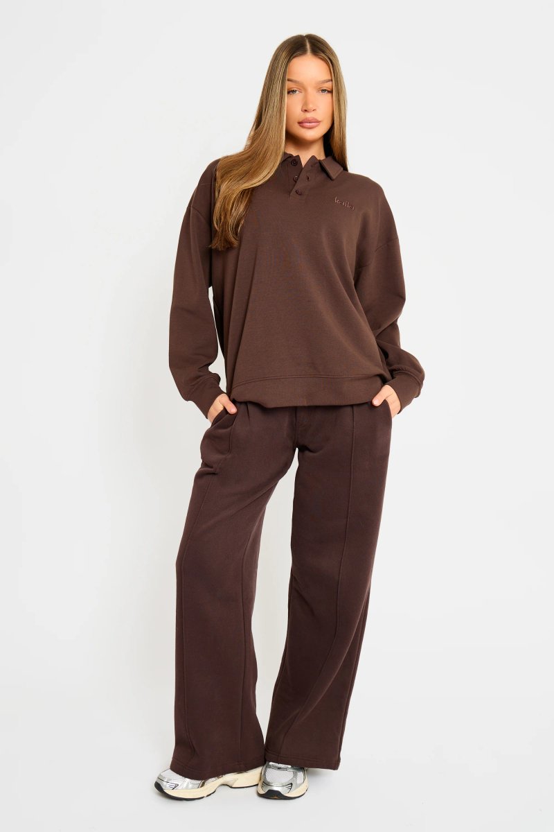 Kaiia Kaiia Interlock Oversized Polo Style Button Sweatshirt Bitter Chocolate - 3