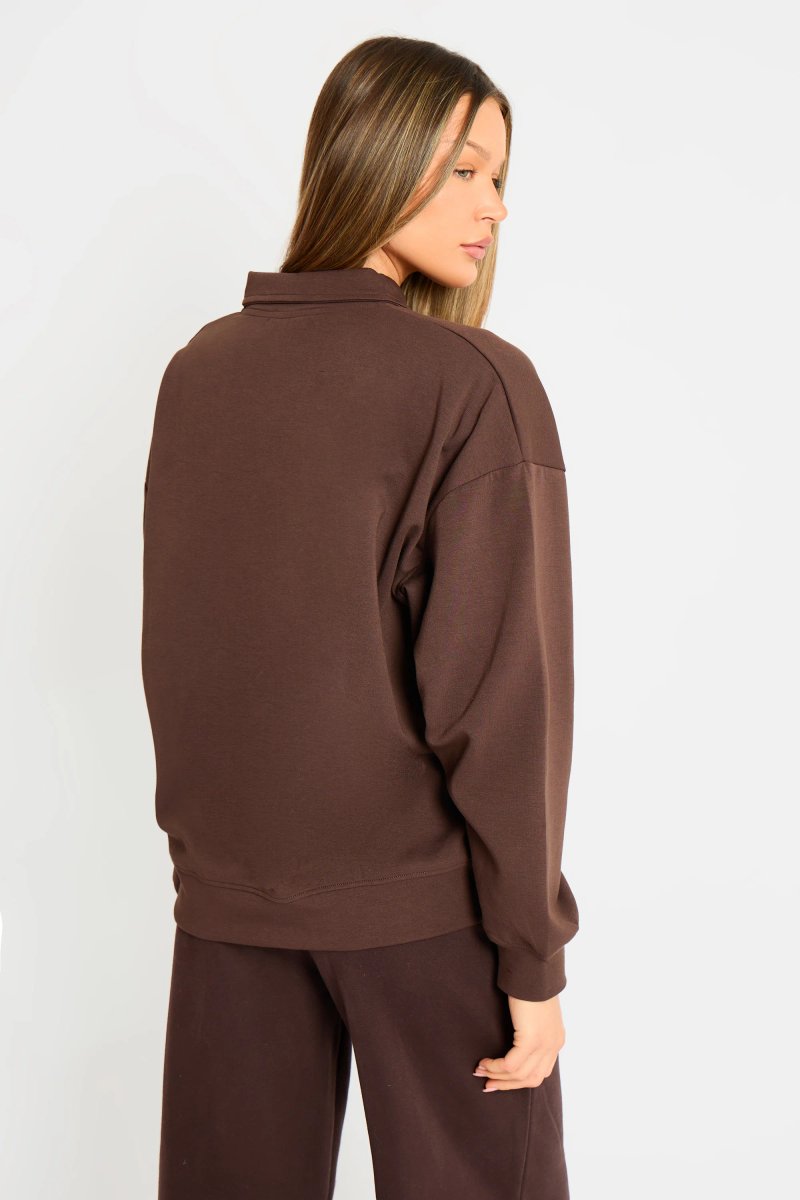 Kaiia Kaiia Interlock Oversized Polo Style Button Sweatshirt Bitter Chocolate - 4