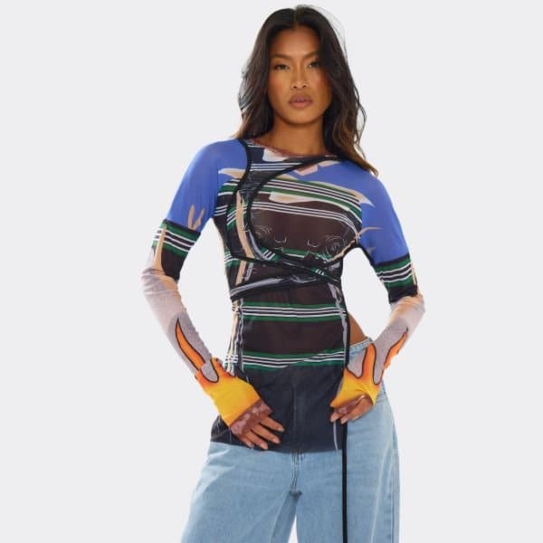 EGO EGO Multi Abstract Print Long Sleeve Side Split Top