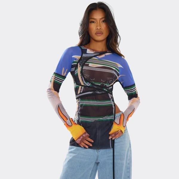 EGO Long Sleeve Side Split Detail Top In Multi Abstract Print Mesh, Women's Size UK Medium M - 1