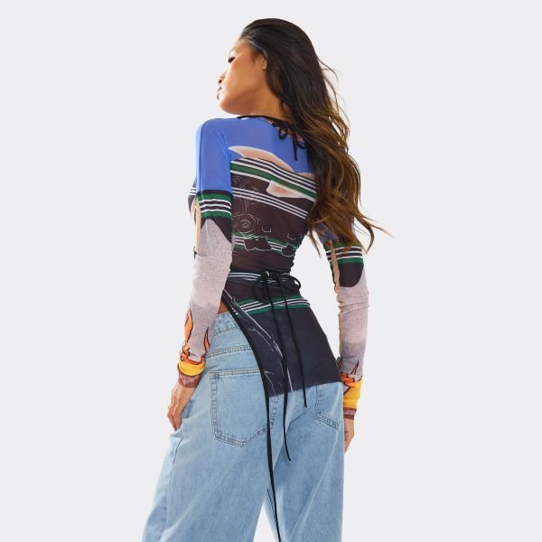 EGO Long Sleeve Side Split Detail Top In Multi Abstract Print Mesh, Women's Size UK Medium M - 2