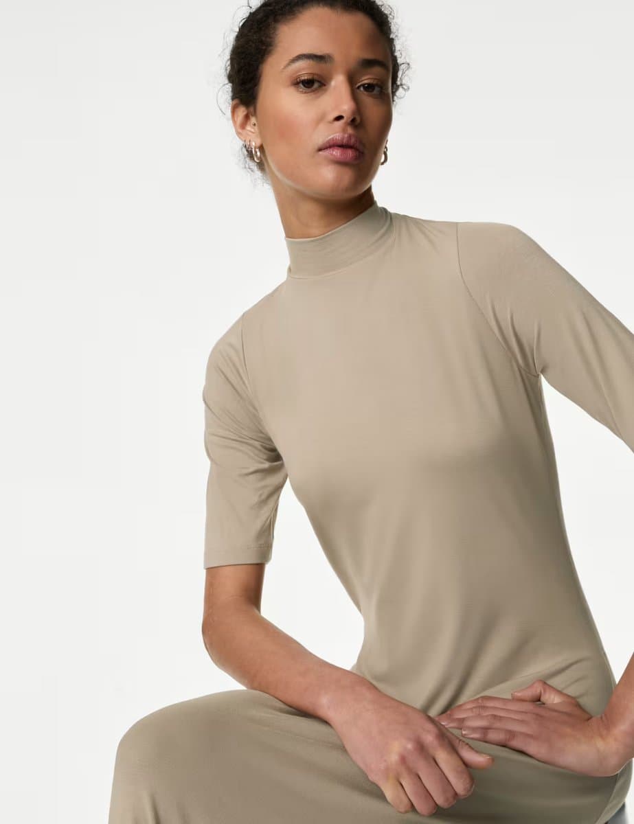 Marks & Spencer M&S Jersey Funnel Neck Maxi Column Dress Natural Beige