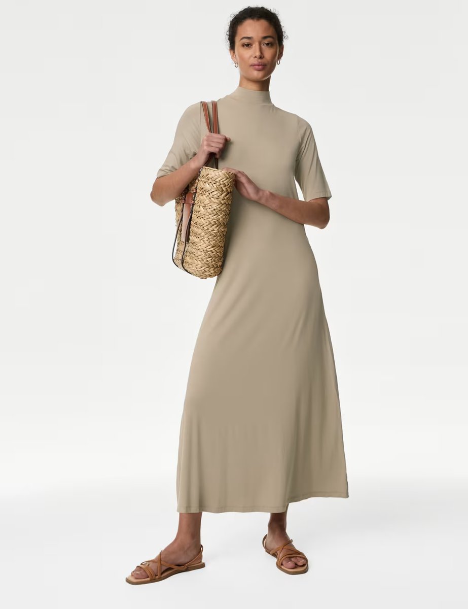Marks & Spencer M&S Jersey Funnel Neck Maxi Column Dress Natural Beige - 2