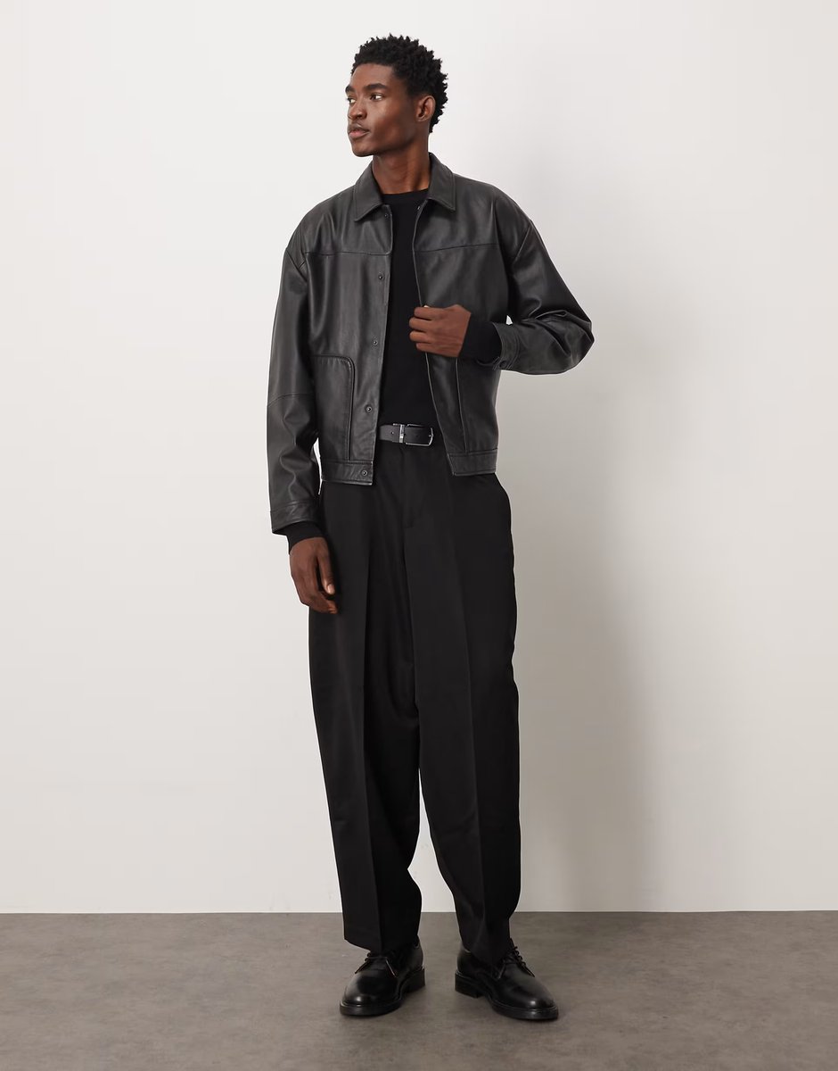 ASOS ASOS DESIGN harrington jacket in real leather in black - 3